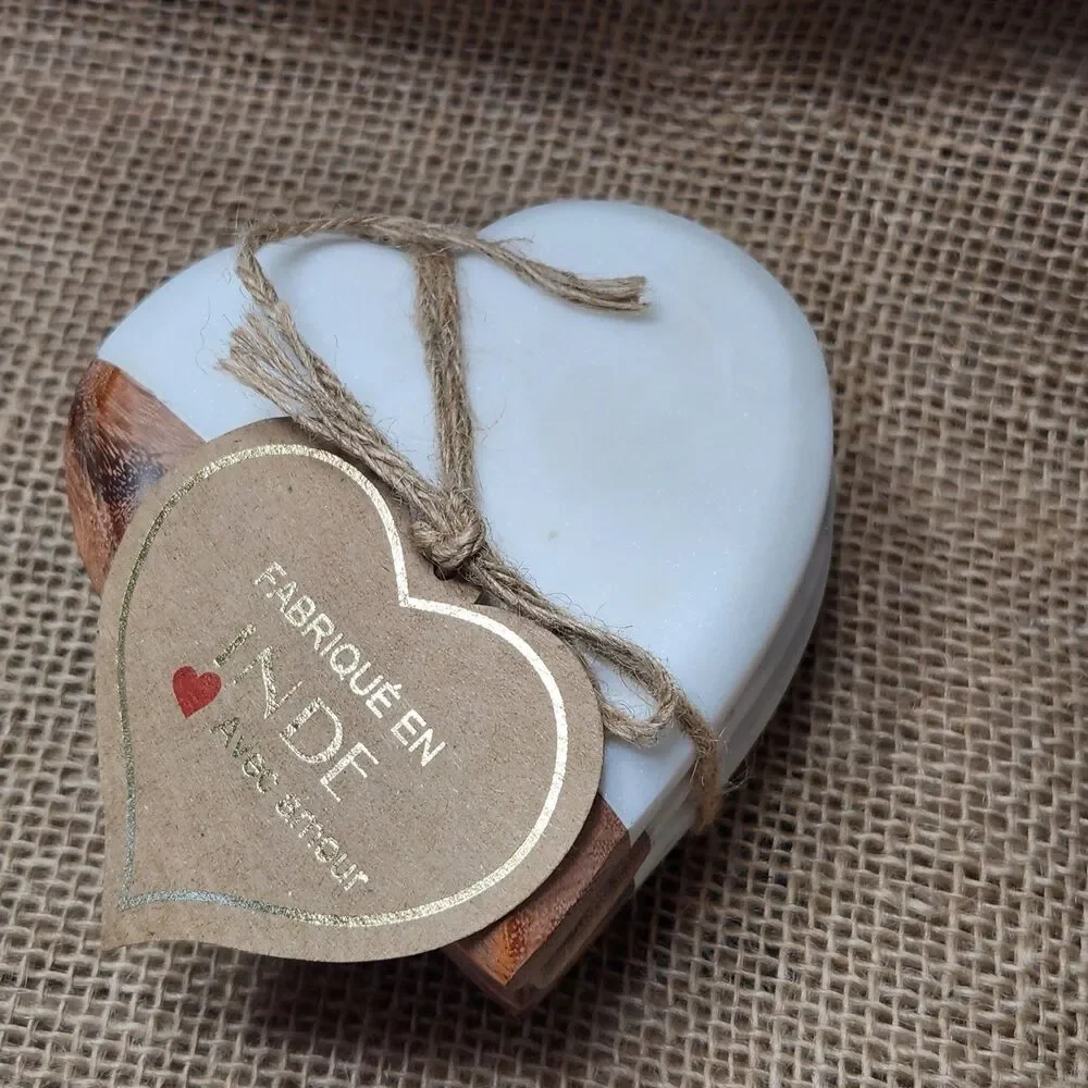 Coasters Handmade Heart Marble and Wood India Boho Farmhouse Rustic Decor 4 NWT